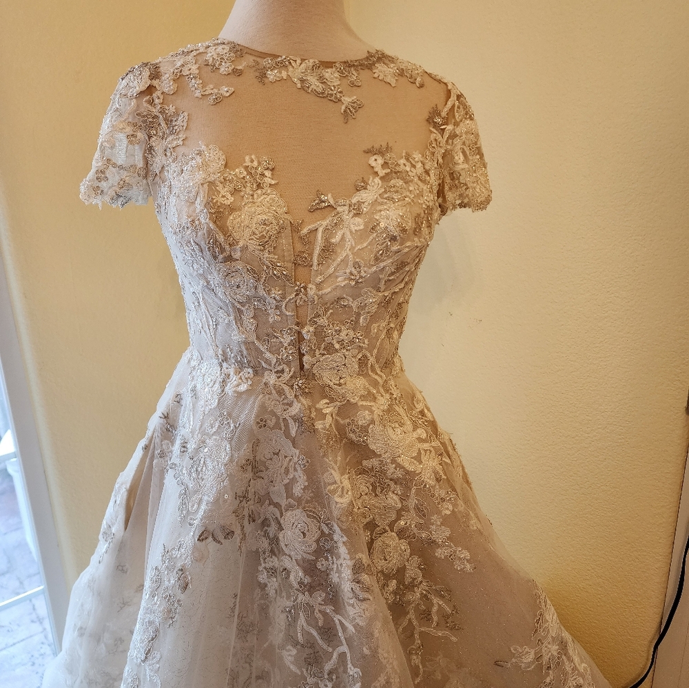 Runway Gown - Oleg Cassini Lace Illusion Cap Sleeve Wedding Dress #CWG833 Size 6